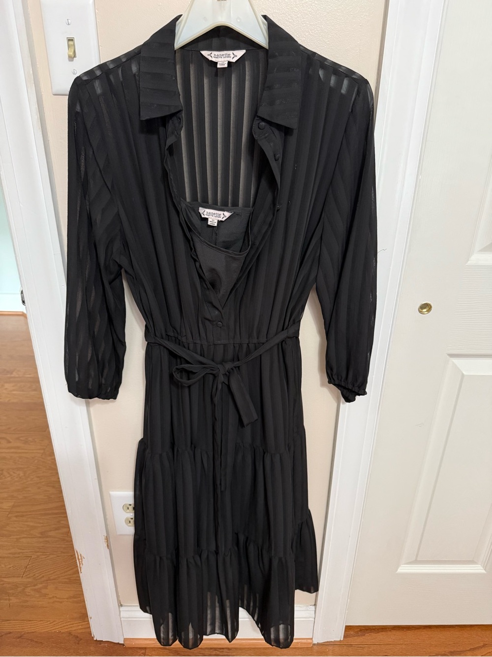 Black Sheer Stripe Tie-Waist Midi Dress